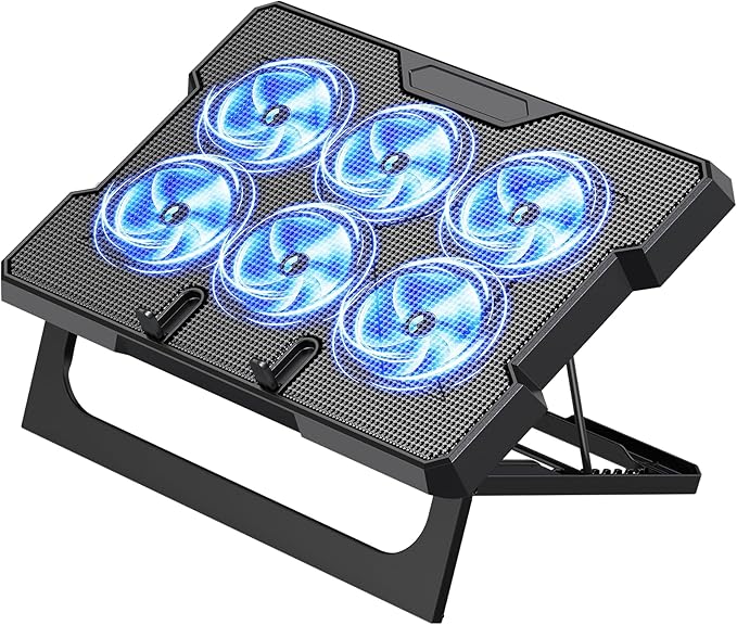 Laptop Cooling Pad, Laptop Cooler with 6 Quiet Fans Up to 17.3 Inch Heavy Notebook Cooler Stand, 8 Levels of Tilt, Two Levels of Height Adjustable (Black)