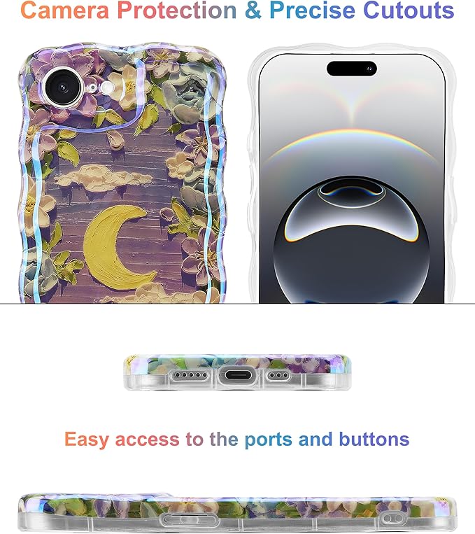 Jusy Compatible with iPhone 16e, Colorful Retro Oil Painting Printed Flower Laser Glossy Pattern Cute Curly Wave Phone Case Soft TPU Cover for Girly Women - Purple Moon
