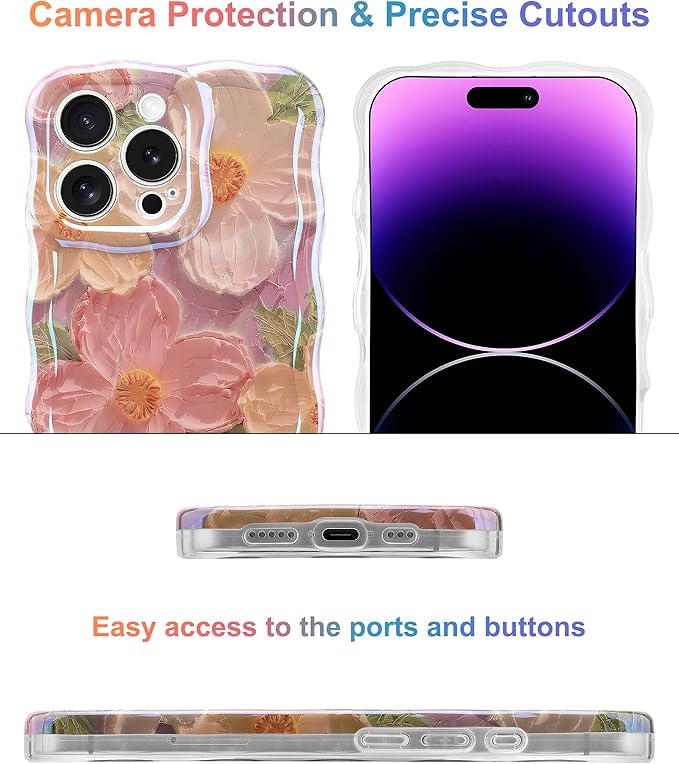 Jusy Case for iPhone 15 Pro Max, Colorful Retro Oil Painting Printed Flower Laser Blue Glossy Pattern Cute Curly Wave Phone Case Soft TPU Cover for Girly Women -Pink