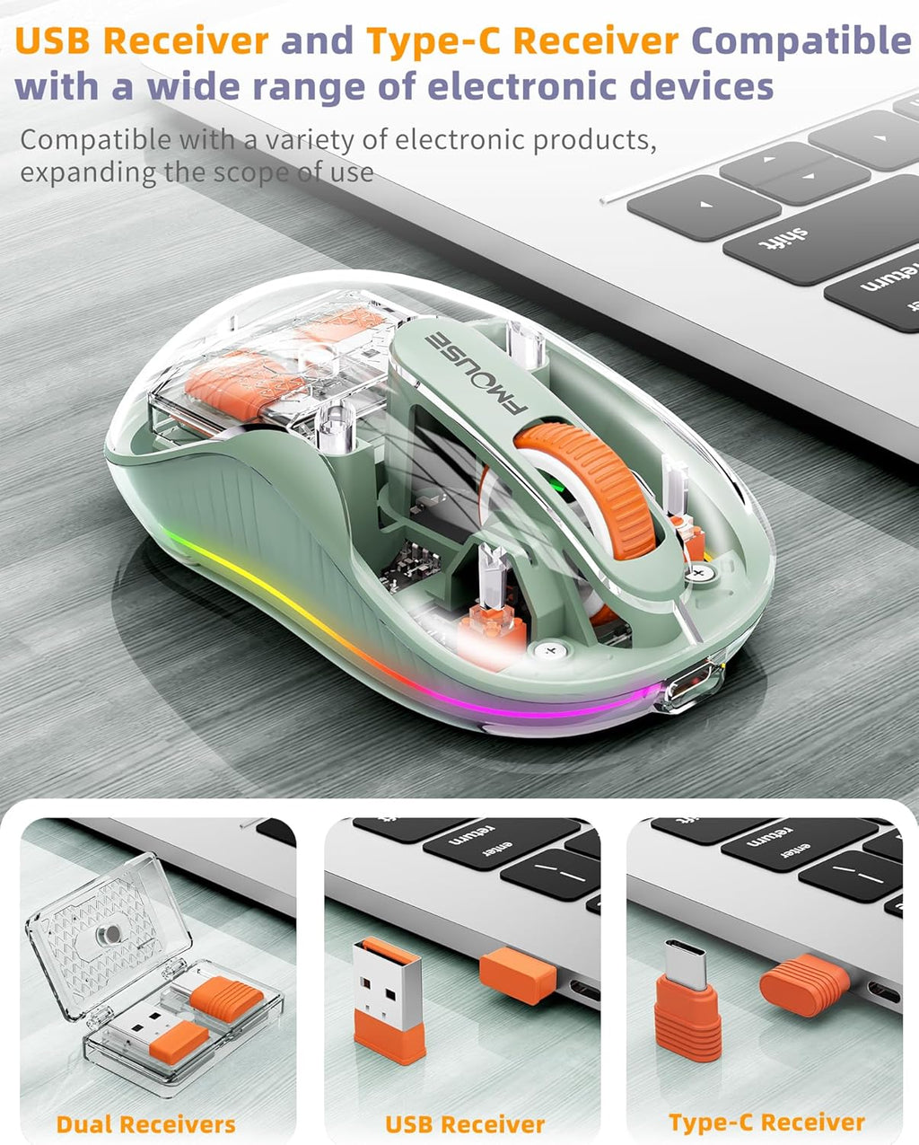 Bluetooth Wireless Mouse, Transparent RGB Tri-Modes Mouse,Bluetooth & 2.4GHz for Multi Device, USB-C Receiver Ideal for MacBook/Laptops, Rechargeable, Silent, Portable, Cool LED, Ergonomic - Green