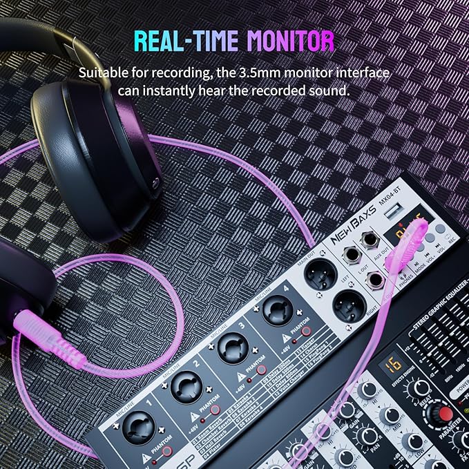 Professional Audio Mixer, 4 Channel Audio Interface Sound Board Mixing Console System Monitor, NEW BAXS 16-Bit DSP DJ Bluetooth Mixer +48V Phantom Effect For Karaoke Studio Streaming Recording