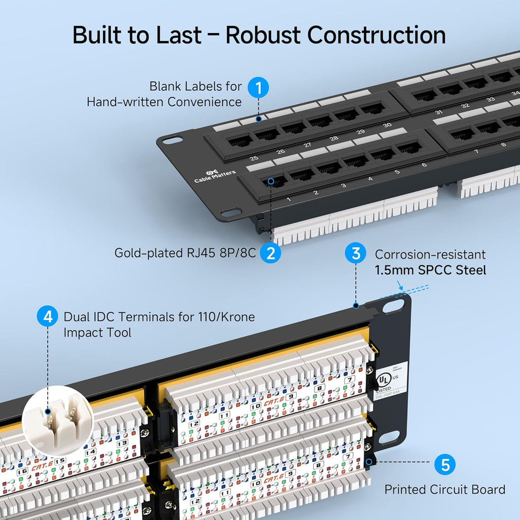 Cable Matters [UL Listed] 48 Port Patch Panel Rackmount or Wall Mount 19-Inch, 2U Cat6 Network Patch Panel for 10 Gigabit Ethernet, 110 or Krone Impact Tools Compatible