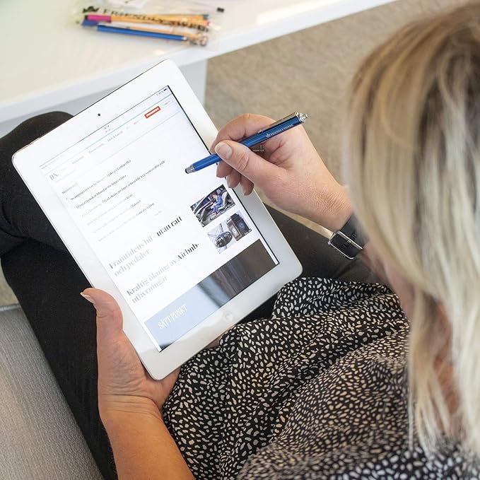 The Friendly Swede Stylus Pen for Touchscreen — 3-Pack 5.5" High Precision Stylus Pen with Replaceable Thin Tips, Elastic Lanyards & Screen Cleaning Cloth - Aqua Blue/Dark Blue/Purple