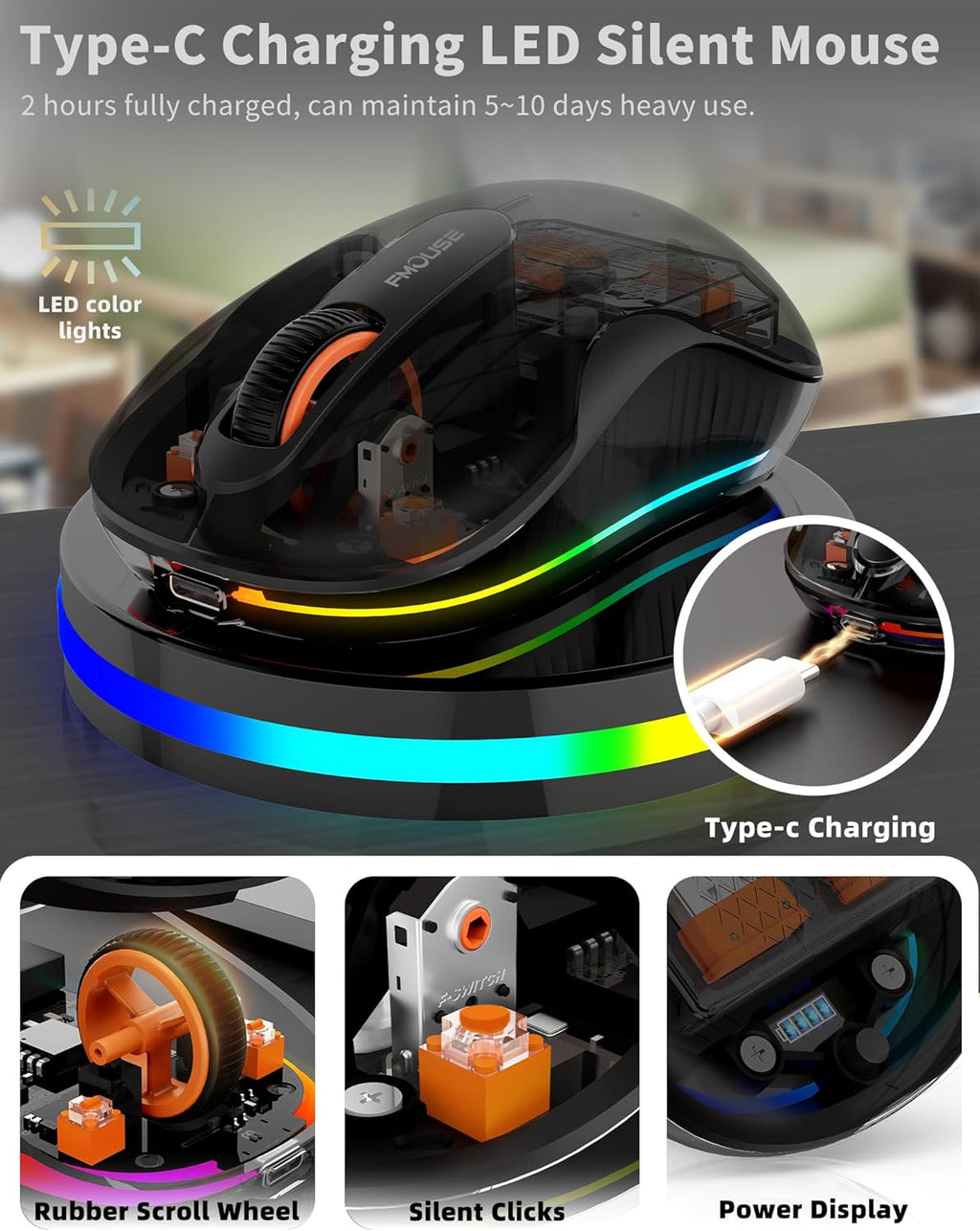 Bluetooth Wireless Mouse, Transparent RGB Tri-Modes Mouse,Bluetooth & 2.4GHz for Multi Device, USB-C Receiver Ideal for MacBook/Laptops, Rechargeable, Silent, Portable, Cool LED, Ergonomic - Black