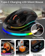 Bluetooth Wireless Mouse, Transparent RGB Tri-Modes Mouse,Bluetooth & 2.4GHz for Multi Device, USB-C Receiver Ideal for MacBook/Laptops, Rechargeable, Silent, Portable, Cool LED, Ergonomic - Black