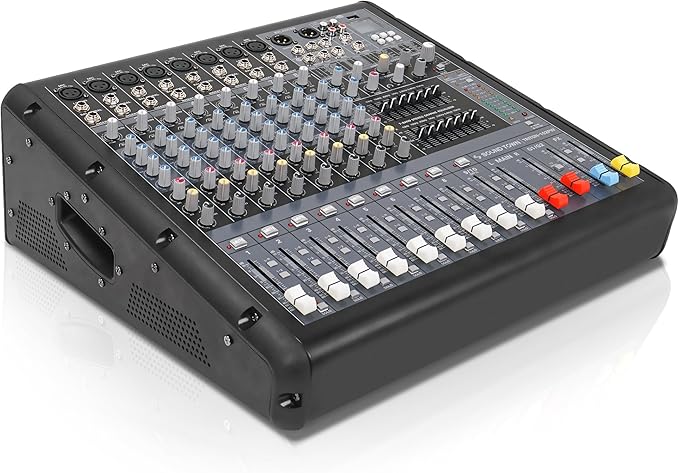 Sound Town 10-Channel 2x800W Powered Mixer w/ 2 Bus, DSP effects, USB, MP3, Dual 7-band EQ, Phantom Power (TRITON-102PW)