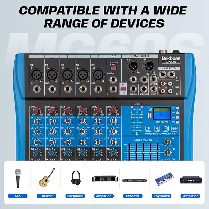 Professional Audio Mixer, 6 Channel, Input 48V Phantom Power Stereo Digital USB Bluetooth MP3 Computer Input, Build-in 16 Effect DSP, for Recording, Live Streaming, Podcasting MG60S