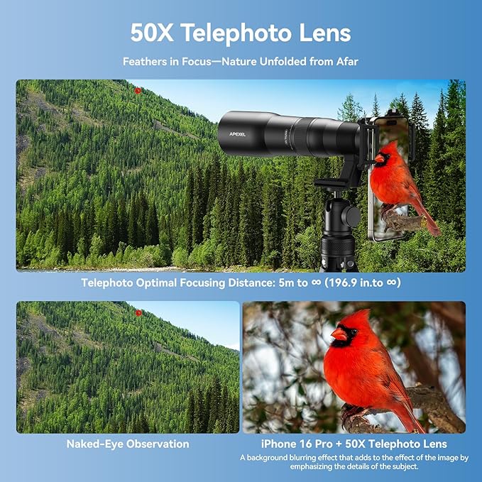 APEXEL 50x High Power HD Telephoto Lens | with Tripod & Universal Phone Clip for iPhone 16/15/14/13 Series, Samsung, Android and Most Smartphone | Landscapes Target Viewing, Wildlife Moon Photography