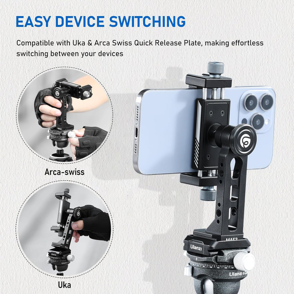 Ulanzi MA53 Metal Tripod Phone Mount, Smartphone Tripods Adapter with Arca Swiss/Uka Port, 2 Cold Shoe, 360° Cellphone Tripod Mount, iPhone Samsung Holder for Photo Video Vlogging Rig