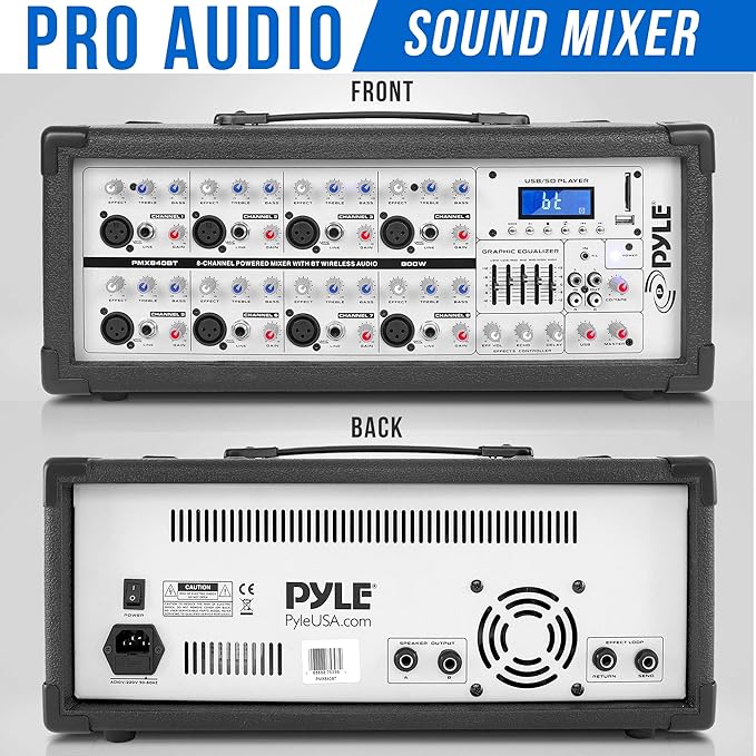 PyleUsa 8 Channel Bluetooth Stage Powered Mixer, 800 Watt Pro Audio Sound Mixer, MP3 USB SD Readers, Aux Input, Digital LCD Display, Built in Cooling Fan