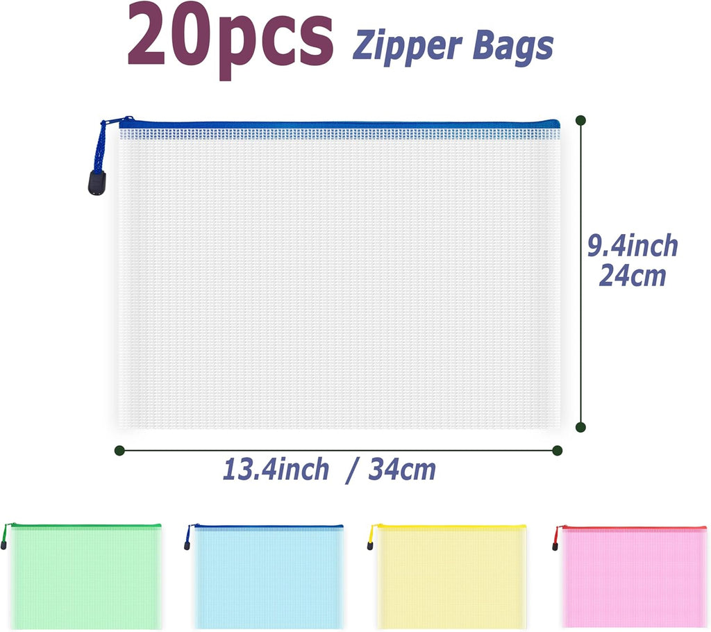 AUSTARK 20 Pcs Zipper File Bags, Plastic Mesh Pouch, Board Game Storage Bag, Waterproof Bags for Office School (A4 Size 13.4''x9.4'', Multicolored)