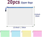 AUSTARK 20 Pcs Zipper File Bags, Plastic Mesh Pouch, Board Game Storage Bag, Waterproof Bags for Office School (A4 Size 13.4''x9.4'', Multicolored)