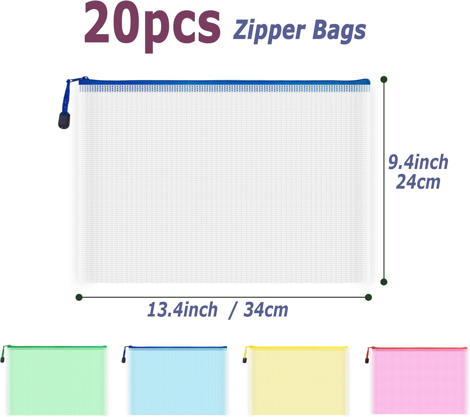 AUSTARK 20 Pcs Zipper File Bags, Plastic Mesh Pouch, Board Game Storage Bag, Waterproof Bags for Office School (A4 Size 13.4''x9.4'', Multicolored)