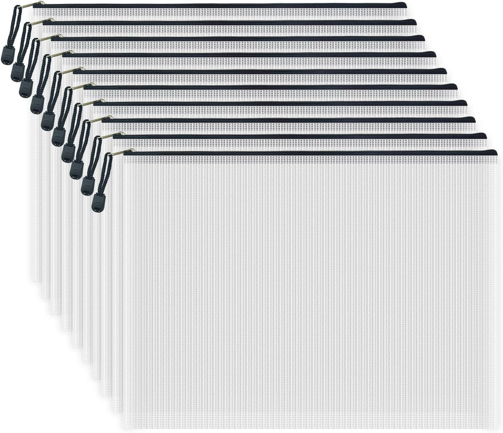 AUSTARK 10 Pcs Zipper File Bags, Waterproof Plastic Mesh Pouch for Office School, Board Game Storage Bags (B4 Size 15''x11'', White and Black)