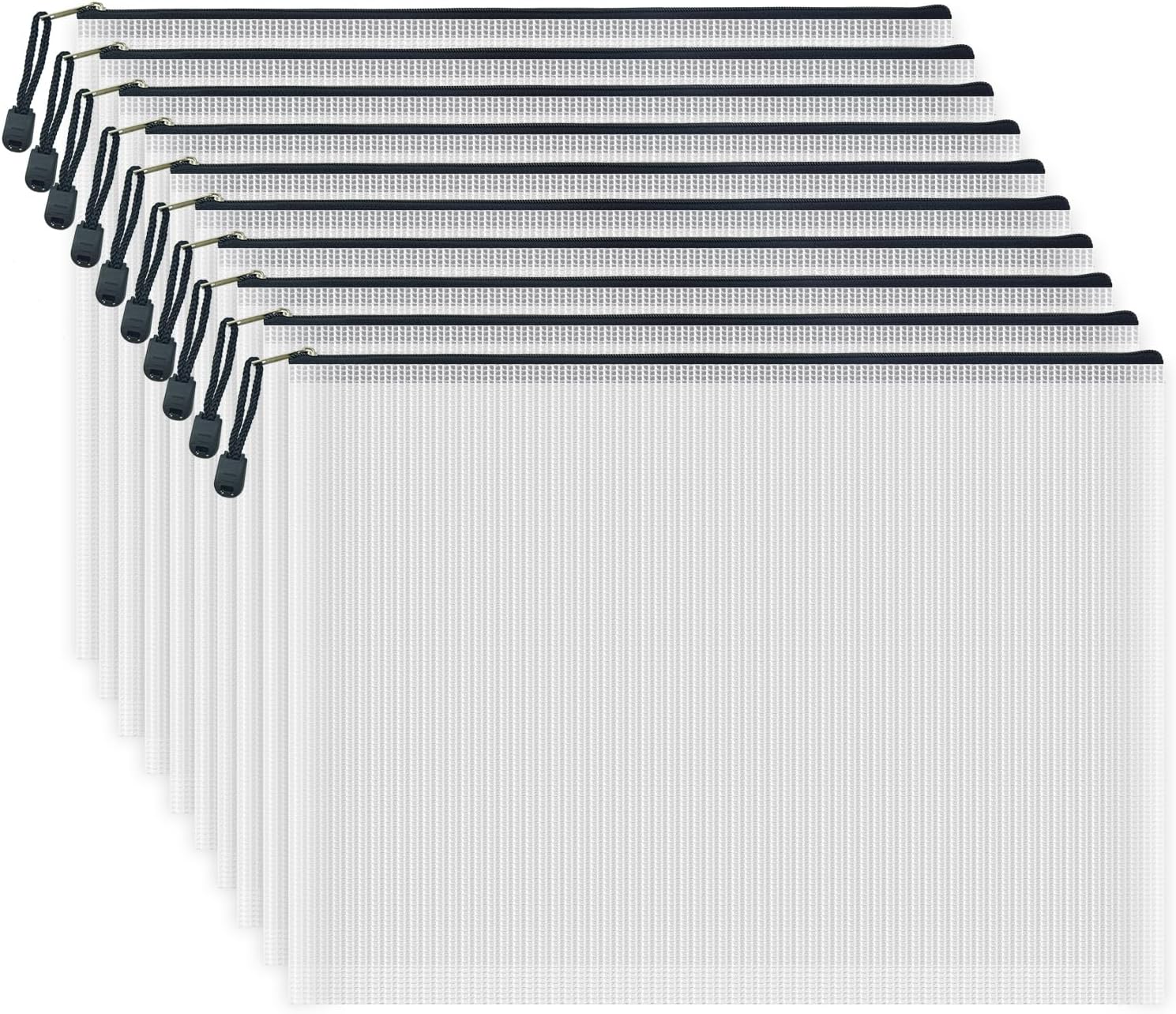 AUSTARK 10 Pcs Zipper File Bags, Waterproof Plastic Mesh Pouch for Office School, Board Game Storage Bags (B4 Size 15''x11'', White and Black)