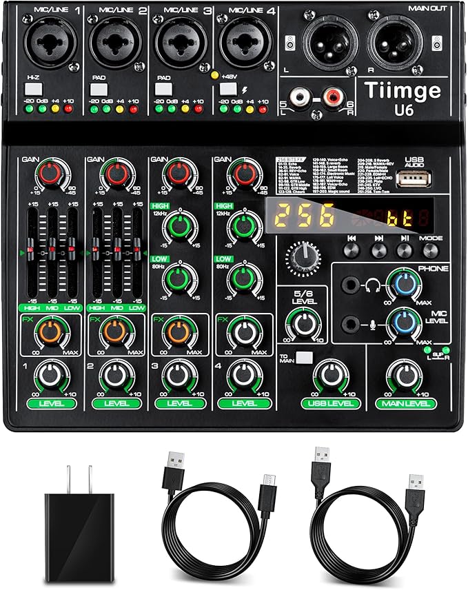 Professional 6-Channel Audio Mixer with 256 DSP Effects,48V Phantom Power,Bluetooth,MP3,USB Recording Input,Portable Sound Mixing Console for Streaming,DJ Show,Karaoke
