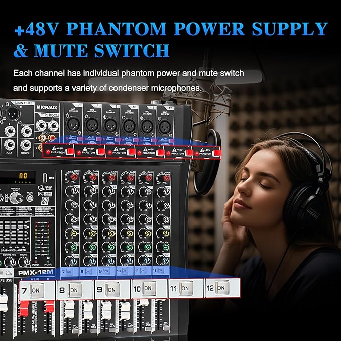 Audio Mixer 12 Channel Professional Mixer Console with 320 DSP Effects, 7-band EQ Sound Mixing Board Digital DJ Mixer w/USB Bluetooth MP3 for Recording, Independent 48V Power & Mute Button