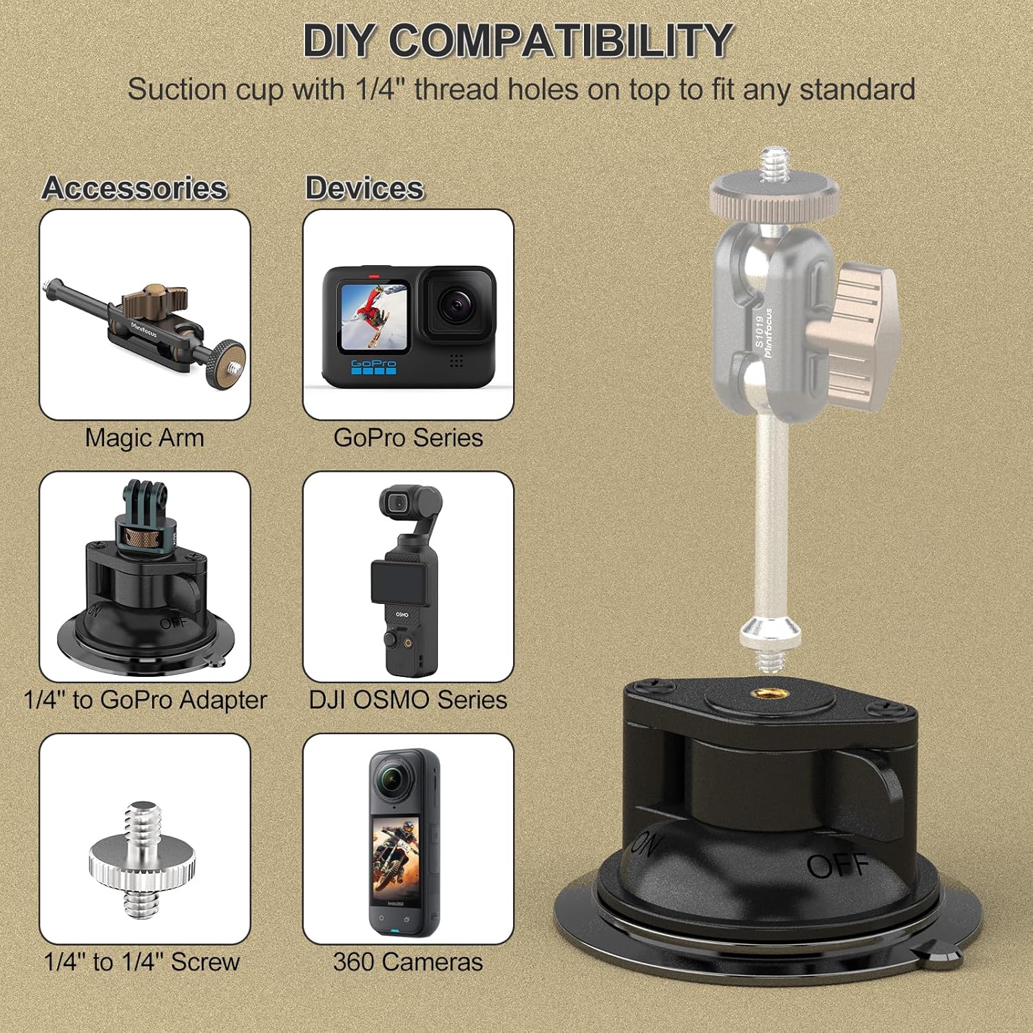 Suction Cup Mount, Windshield Suction Mount Bracket, Single Suction Base with 1/4" Female Threaded for Magic Arm Gopro Adapter