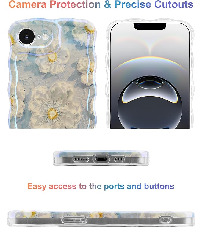 Jusy Compatible with iPhone 16e, Colorful Retro Oil Painting Printed Flower Laser Glossy Pattern Cute Curly Wave Phone Case Soft TPU Cover for Girly Women - Light Blue