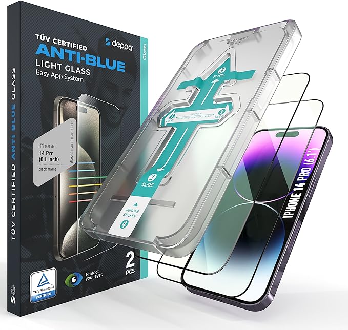 Deppa |2 Pack| Anti-Blue Light Screen Protector for iPhone 14 Pro (6.1')| Scratch Resistant Tempered Glass | 3D Edge to Edge Coverage | Easy Installation Kit | Eye Safeguard TÜV Certified