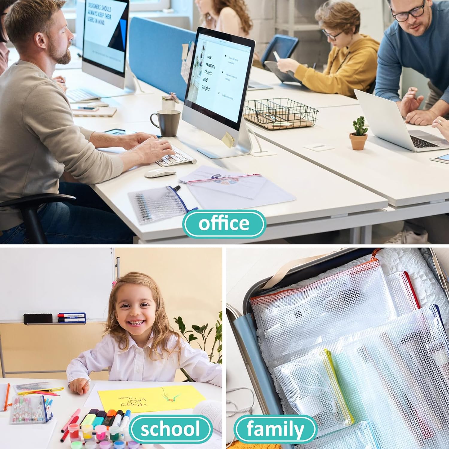 12 Mesh Zipper Pouch Bags - 12 Color, 8 Size Classroom Must-Have Storage Solution for School, Board Games, and Office Supplies