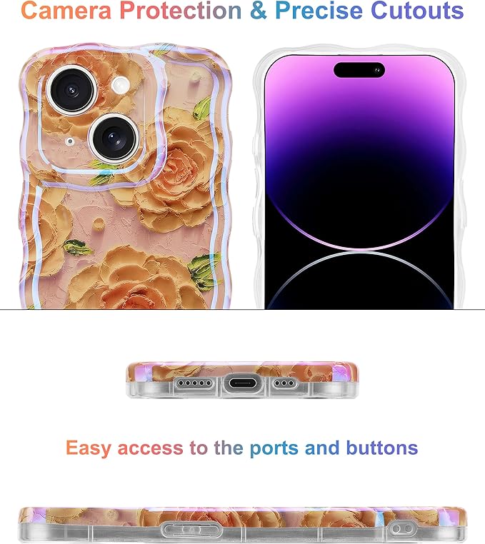 Jusy Compatible with iPhone 13, Colorful Retro Oil Painting Printed Flower Laser Glossy Pattern Cute Curly Wave Phone Case Soft TPU Cover for Girly Women - Pink Rose