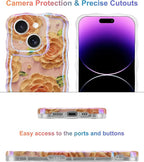 Jusy Compatible with iPhone 13, Colorful Retro Oil Painting Printed Flower Laser Glossy Pattern Cute Curly Wave Phone Case Soft TPU Cover for Girly Women - Pink Rose