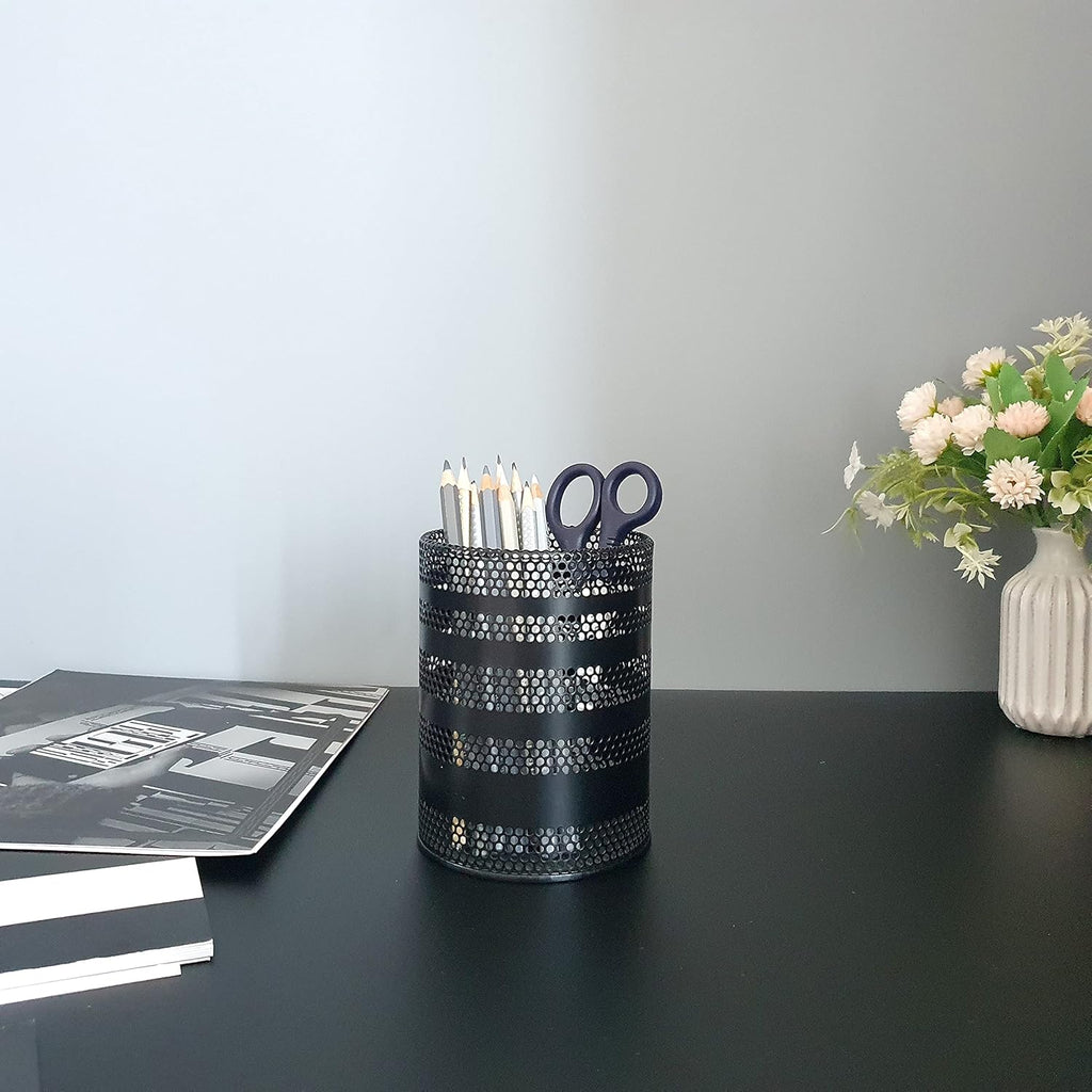 Metal Mesh Pen Pencil Cup Holder Stand Office Desk Organizer Stationery Caddy Makeup Brush Holder, Black (Large)