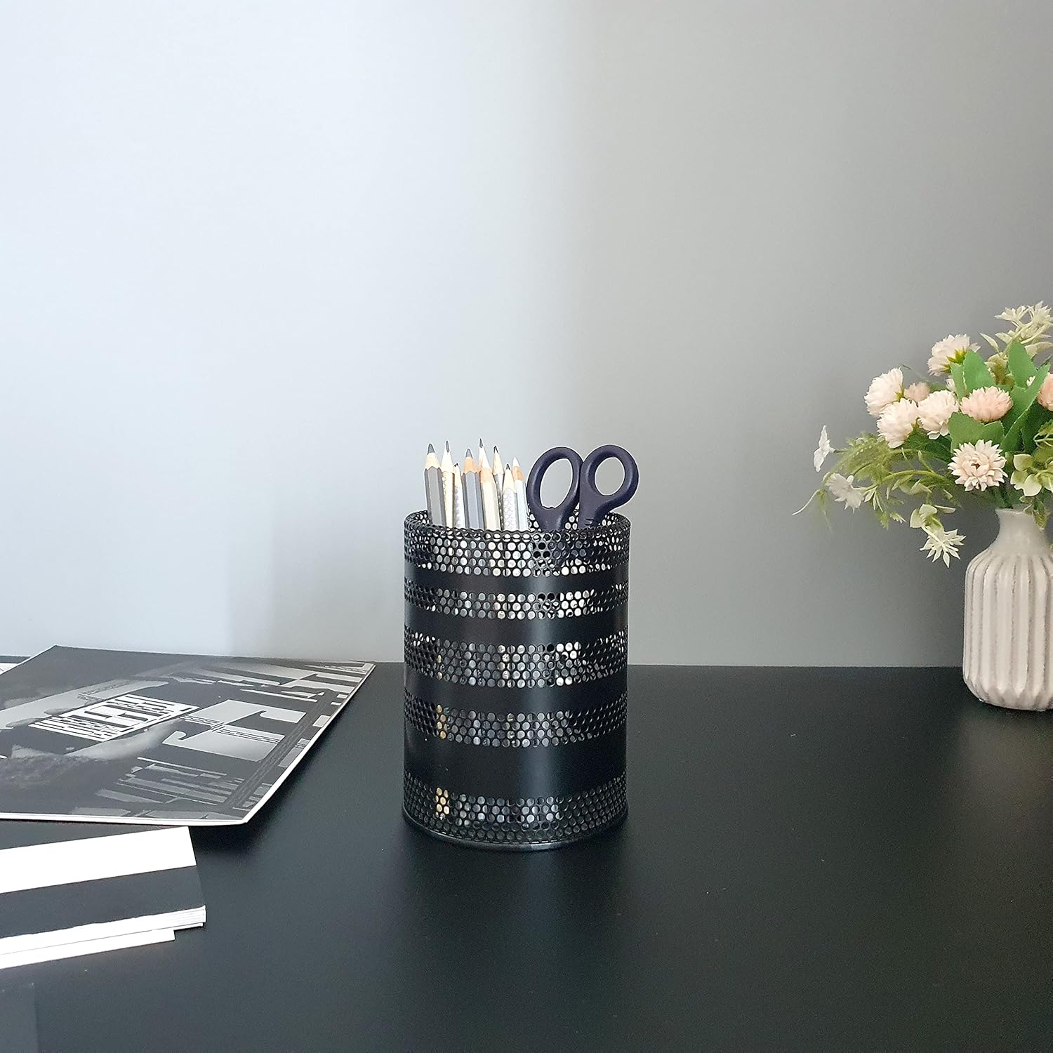 Metal Mesh Pen Pencil Cup Holder Stand Office Desk Organizer Stationery Caddy Makeup Brush Holder, Black (Large)