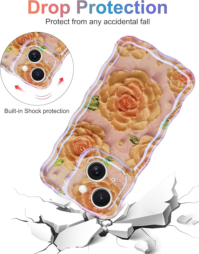Jusy Compatible with iPhone 13, Colorful Retro Oil Painting Printed Flower Laser Glossy Pattern Cute Curly Wave Phone Case Soft TPU Cover for Girly Women - Pink Rose