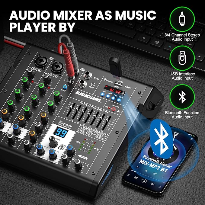 4 Channel Audio Interface DJ Mixer with 99 DSP Reverb Delay Effect USB Audio Interface +48V Phantom Bluetooth for Karaoke Studio Streaming Recording,Live Broadcasting,Podcasting