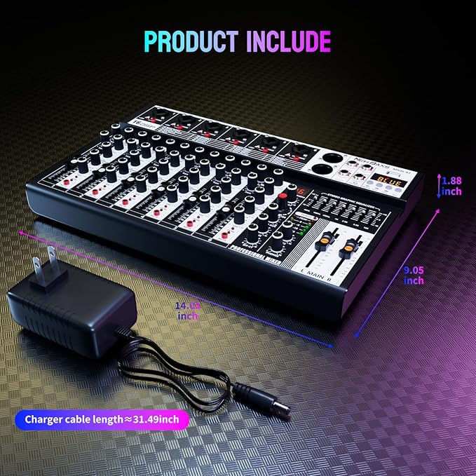 Professional Audio Mixer,6 Channel Audio Interface Sound Board Mixing Console System with Monitor,16 DSP DJ Bluetooth Mixer Reverb Effect +48V Phantom For Karaoke Studio Streaming Recording