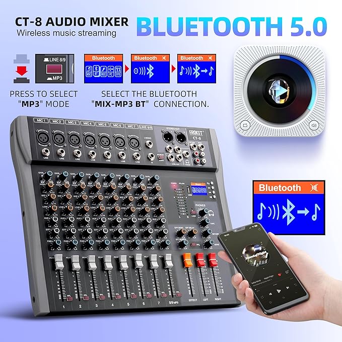 Pro DJ Mixer 8-Channel Audio Console - Bluetooth/USB Streaming, 48V Phantom Power, 3-Band EQ for Live Stage, Recording Studio & Karaoke Systems (CT-8)