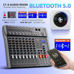 Pro DJ Mixer 8-Channel Audio Console - Bluetooth/USB Streaming, 48V Phantom Power, 3-Band EQ for Live Stage, Recording Studio & Karaoke Systems (CT-8)