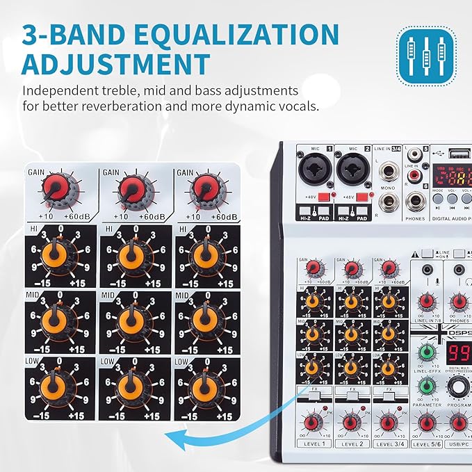 6 Channel Audio Mixer Professional Sound Board Console w/99 DSP Effects 48V Phantom Power Bluetooth USB Interface Stereo DJ Mixer Board for Karaoke Live Performance DJ Stage