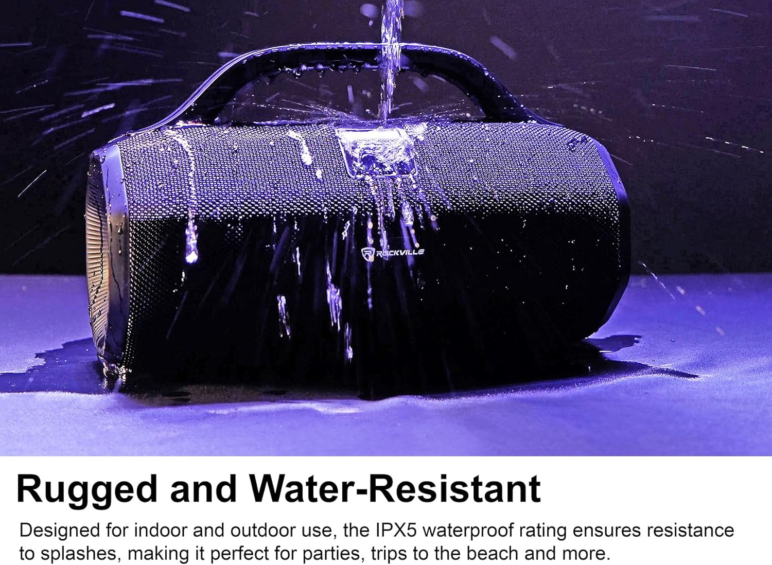 Rockville SONIC-50L Portable Bluetooth Speaker, 50W Stereo Sound, Dual LED Rings, IPX5 Water-Resistant, Upto 24-Hour Battery, TWS, USB/TF Card/AUX/Mic Inputs, for Outdoor and Indoor Events