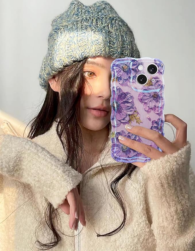 Jusy Compatible with iPhone 14 Plus/15 Plus, Colorful Retro Oil Painting Printed Flower Laser Glossy Pattern Cute Curly Wave Phone Case Soft TPU Cover for Girly Women -Purple