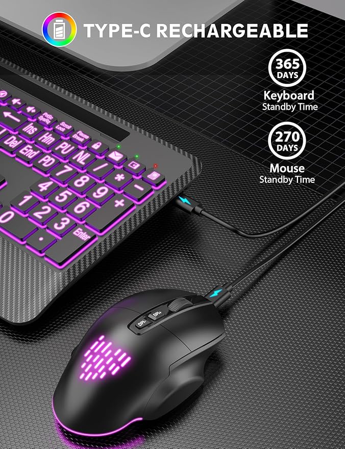 Wireless Keyboard and Mouse Backlits, Wrist Rest, LED Mouse, Rechargeable Ergonomic Keyboard with Phone Holder, Silent Light Up Combo for Computer, Mac, PC, Laptop, Chromebook (Black Large Print)