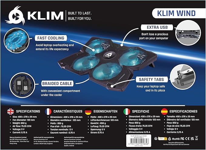 KLIM Wind Laptop Cooling Pad - More Than 500 000 Units Sold - New Version - The Most Powerful Rapid Action Cooling Fan - Laptop Stand with 4 Cooling Fans at 1200 RPM - USB Fan - PS5 PS4 - Cyan