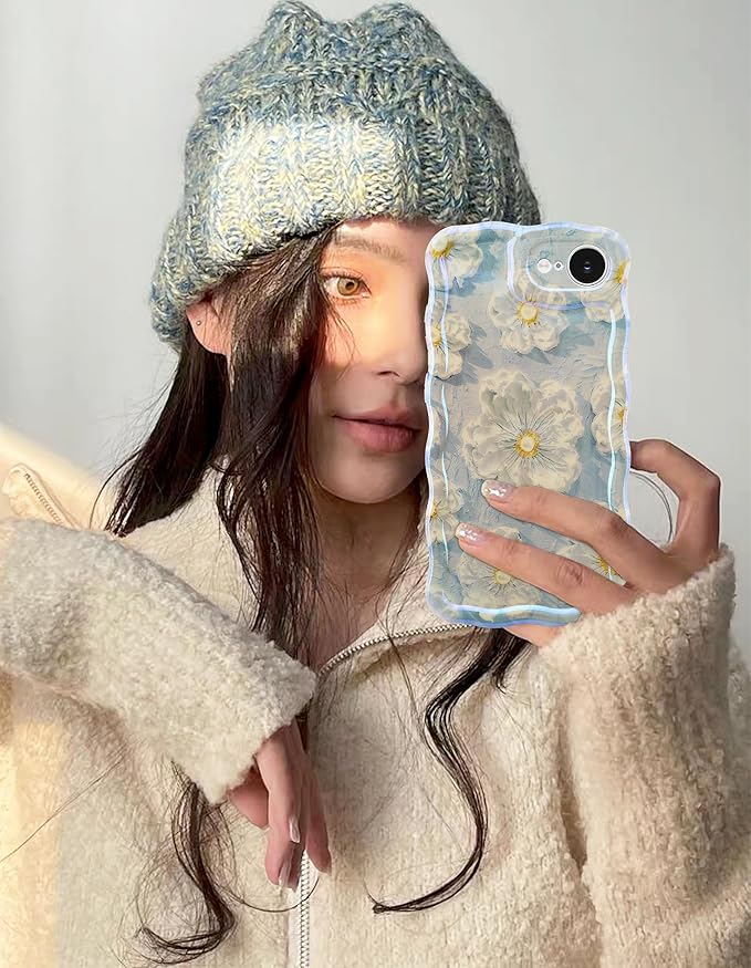 Jusy Compatible with iPhone 16e, Colorful Retro Oil Painting Printed Flower Laser Glossy Pattern Cute Curly Wave Phone Case Soft TPU Cover for Girly Women - Light Blue