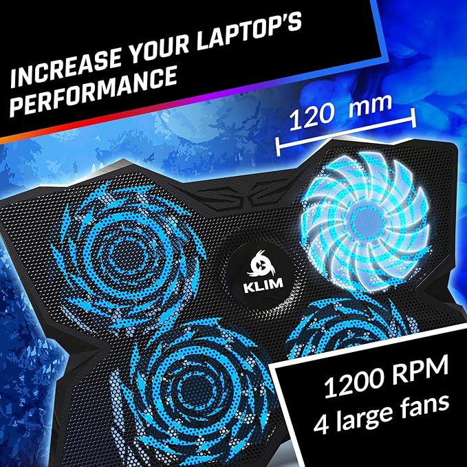 KLIM Wind Laptop Cooling Pad - More Than 500,000 Units Sold - New Version - Powerful Rapid Action Laptop Cooler - Laptop Stand with 4 Cooling Fans - 2 USB Ports - PC Mac PS5 PS4 Xbox One - Diamond
