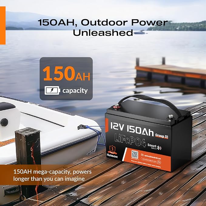 12V 150Ah LiFePO4 Lithium Battery – BCI Group 31 Deep Cycle Battery with Bluetooth & 110A BMS – 15000+ Cycles for Solar, RV, Marine, Off-Grid – Lightweight & Safe Replacement for Lead Acid