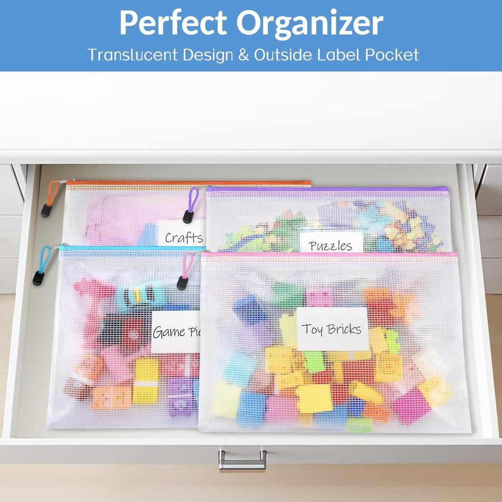 Sooez 24 Pack Super Large Mesh Zipper Pouch Bags, B4 (15.6×11.2 in) Pencil Pouch Bulk with Label Pocket, Waterproof Organizers for Board Game Storage, File Bags for School, Travel & Office, 12 Colors