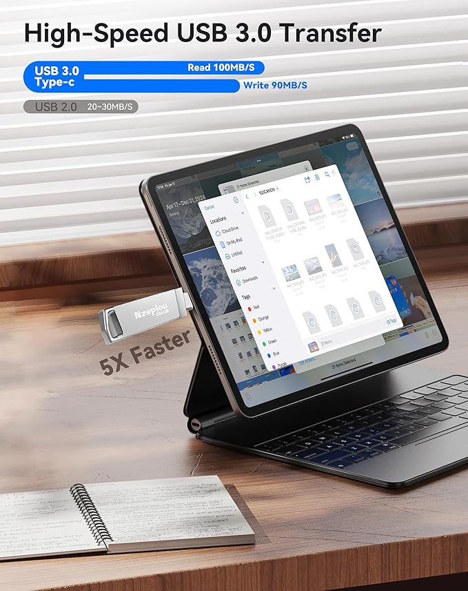 256GB Flash Drive for iPhone iPad, USB3.0 High-Speed Memory Stick No App Needed, Lightening & USB-C External Memory Storage for Photos Videos, Picture Backup Thumb Drive Plug & Play (Silver)