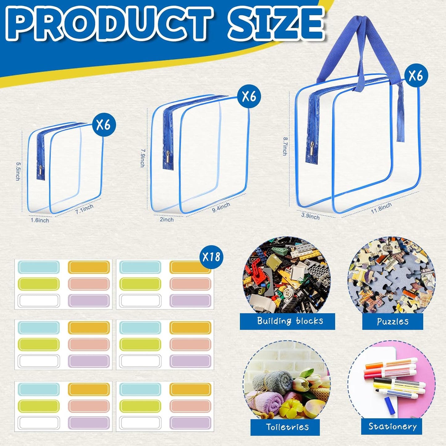 18 Packs Large Toy Storage Bags with Labels, Clear PVC Bags Travel Waterproof Kids Toy Organizer Bags with Zipper for Building Blocks Puzzle Kids Books (Blue)