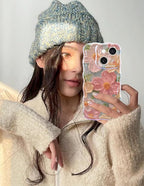 Jusy Case for iPhone 15, Colorful Retro Oil Painting Printed Flower Laser Blue Glossy Pattern Cute Curly Wave Phone Case Soft TPU Cover for Girly Women -Green