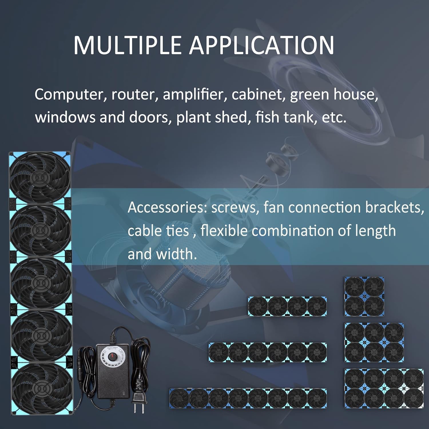 120mmx5 600mm Adjustable Computer PC Vent Fans 3V-12V Speed Controller for Flexible Arrange Rack Space Window Wall Cabinet Server Mining Rig Chicken Coop Exhaust Cooling