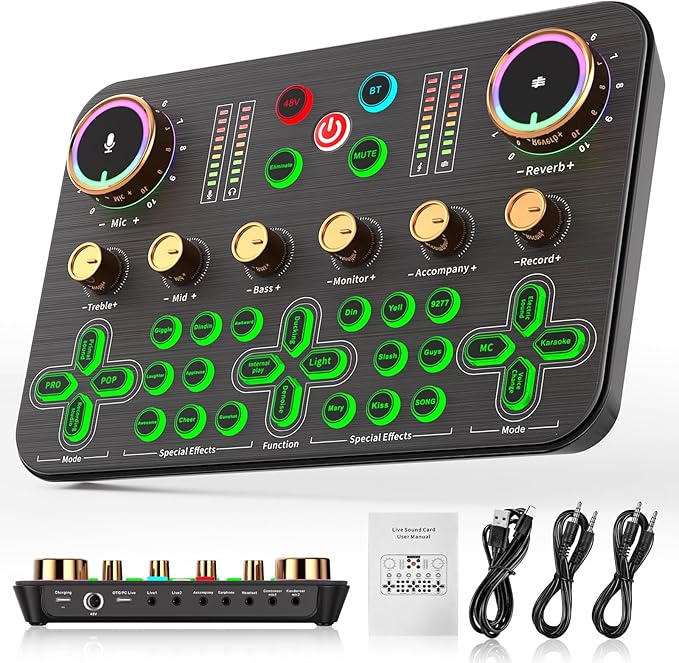 Facmogu K600 Gaming Audio Mixer, Streaming Audio Mixer with XLR Microphone Support, DJ Mixer Built-in 48V Phantom Power, Live Sound Card for PC Phone Live Streaming Podcasting Karaoke Tiktok YouTube