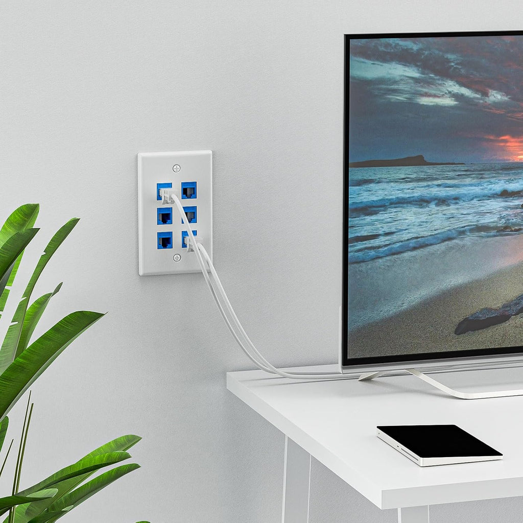 FGB 6-Port Keystone Wall Plate 20-Pack, Low-Profile Single Gang Wall Plates for RJ45, HDMI, and Coax Keystone Inserts, White