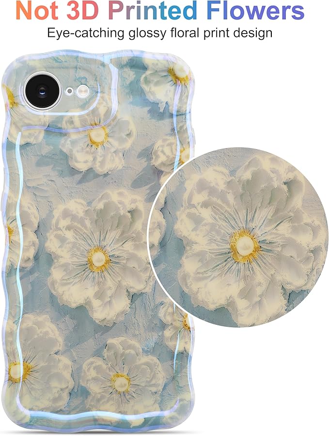 Jusy Compatible with iPhone 16e, Colorful Retro Oil Painting Printed Flower Laser Glossy Pattern Cute Curly Wave Phone Case Soft TPU Cover for Girly Women - Light Blue